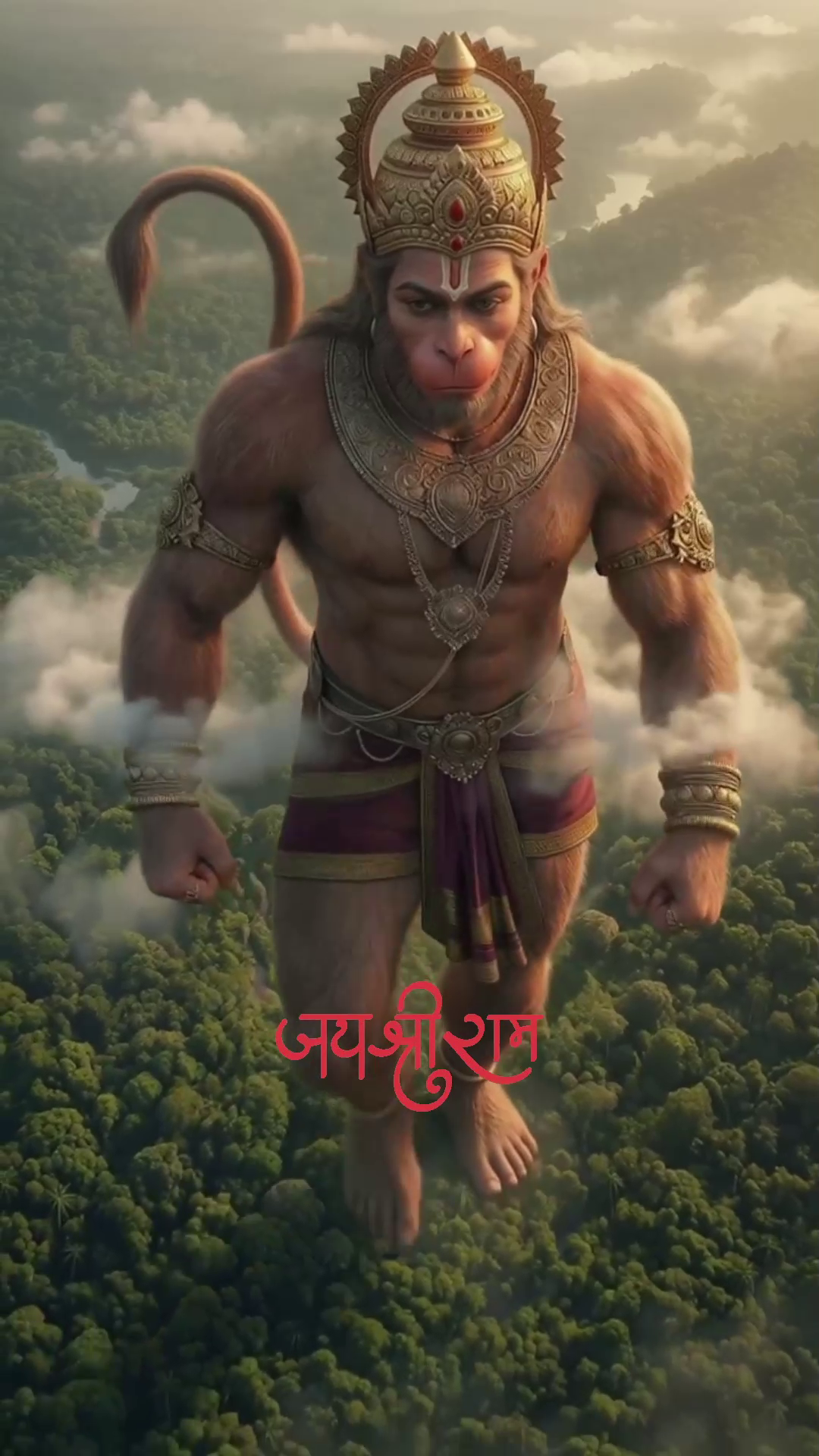 A majestic and powerful Lord Hanuman flying over a lush green forest, wearing golden jewelry and crown, with the text 'Jai Shri Ram' in Hindi.