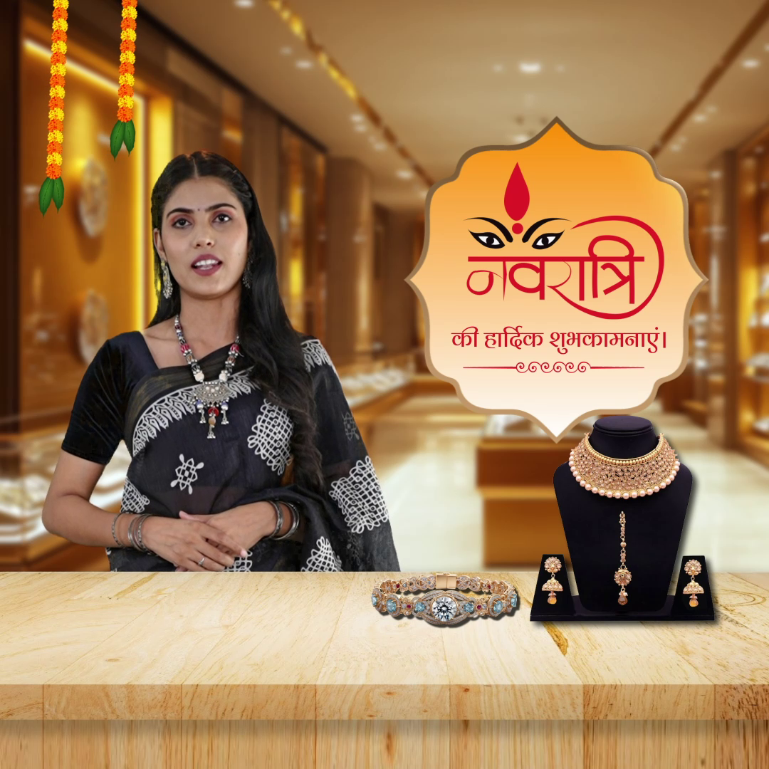 A woman wearing a black saree with a jewelry display and a Navratri festival graphic in a store