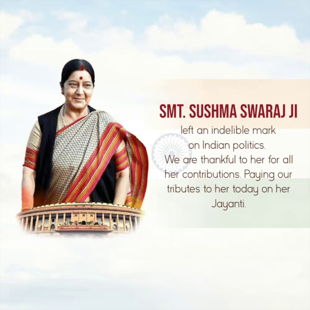 Smt. Sushma Swaraj paying tribute on her Jayanti with Indian Parliament building in background