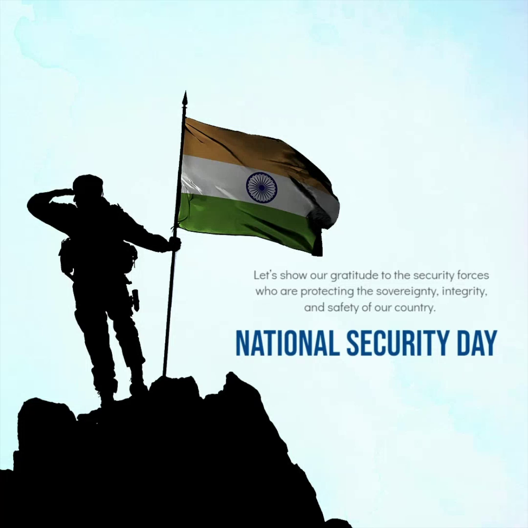 A silhouetted Indian soldier saluting while holding the Indian national flag on a mountain peak to celebrate National Security Day.