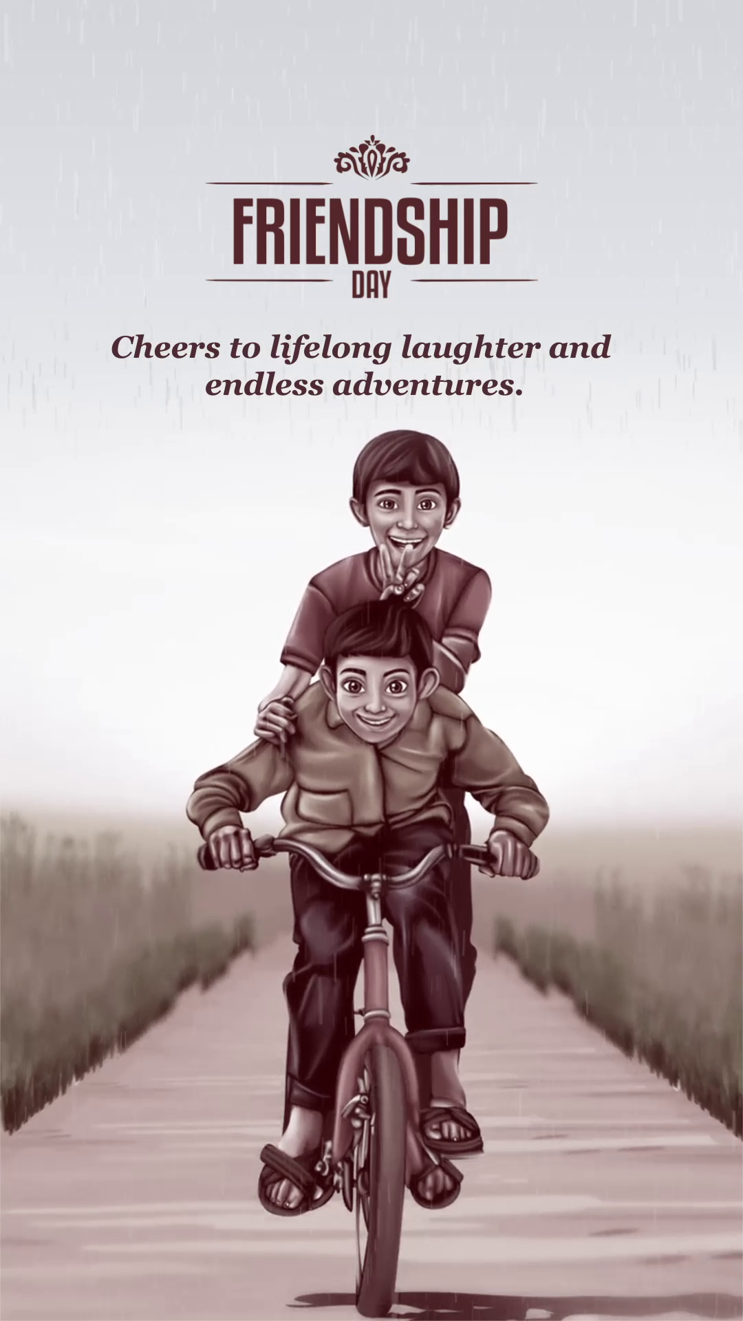 Two young boys riding a bicycle together on a path in the rain, illustration for Friendship Day.