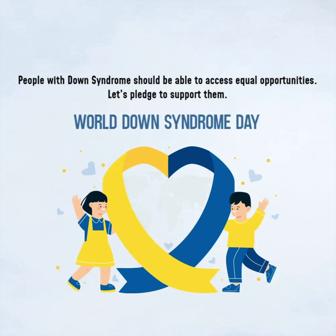 An illustration celebrating World Down Syndrome Day featuring a yellow and blue heart-shaped ribbon and two happy children.