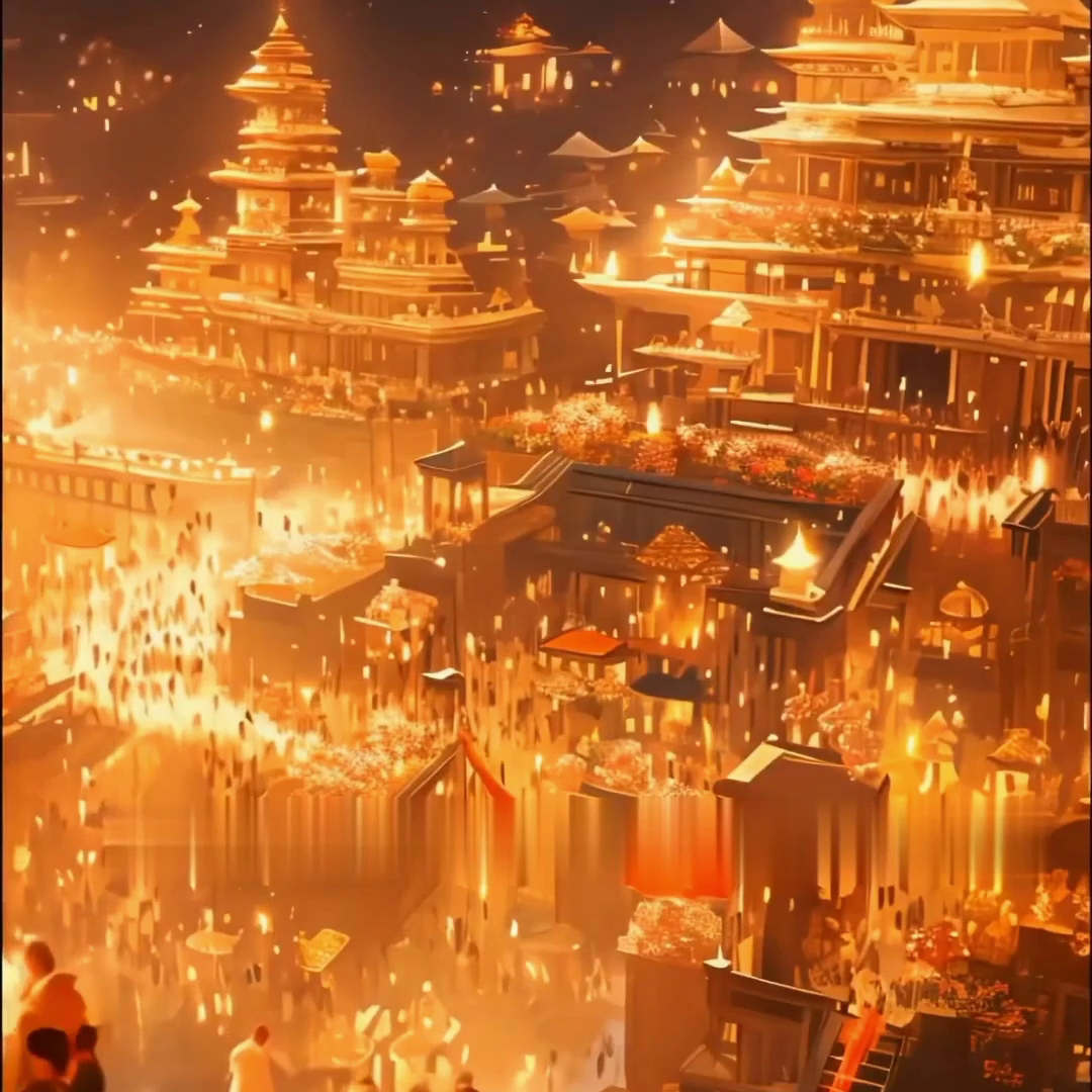 A crowded Himalayan temple festival scene illuminated by glowing golden lights and fire