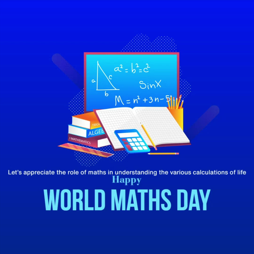 An educational illustration for World Maths Day featuring a chalkboard, calculator, textbooks, and math formulas on a blue background.