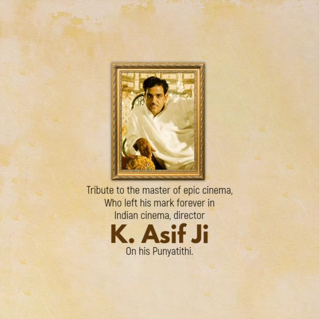 A tribute graphic honoring legendary Indian film director K. Asif on his death anniversary with a framed portrait and commemorative text.
