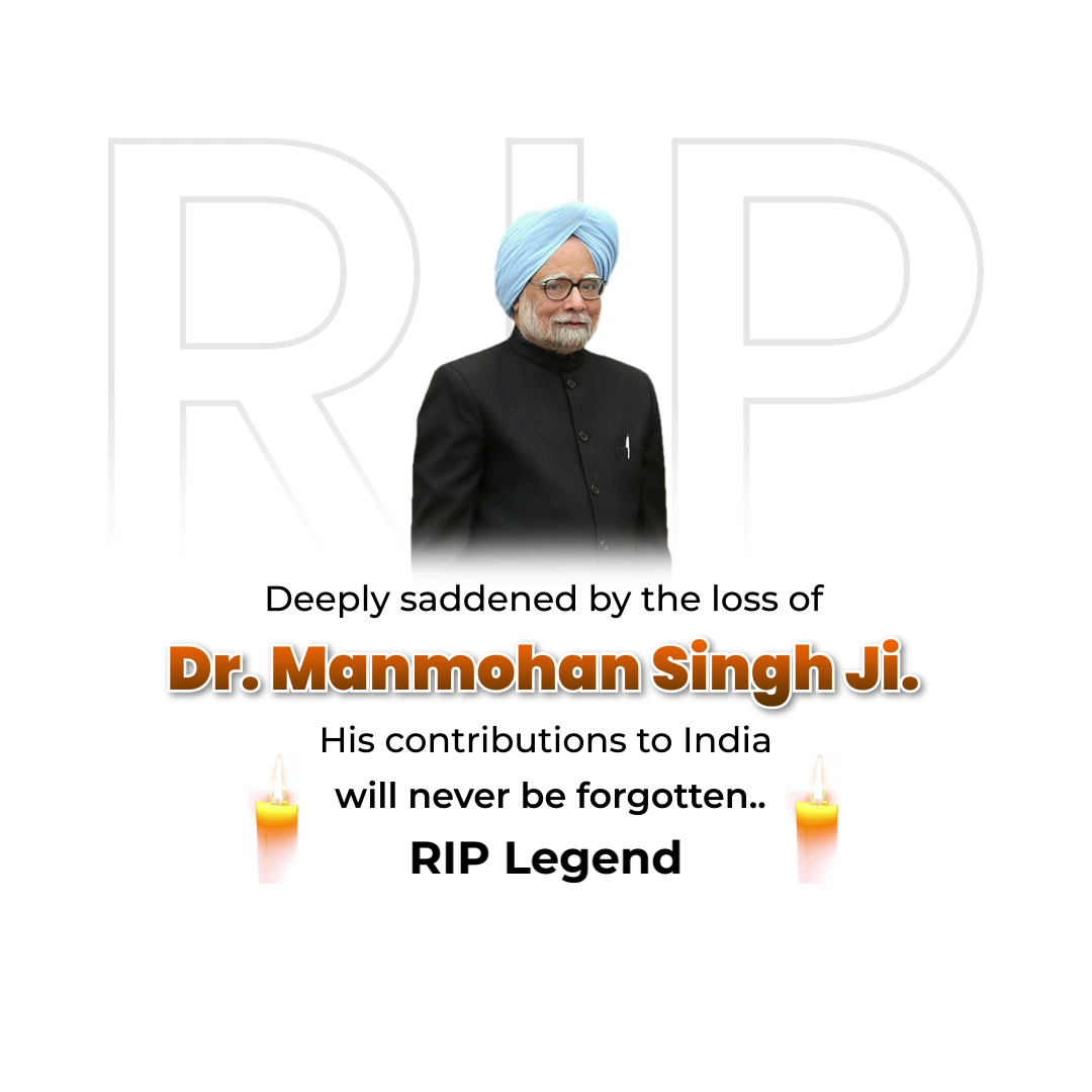 A memorial tribute image for Dr. Manmohan Singh featuring his portrait, RIP text, and candle illustrations.