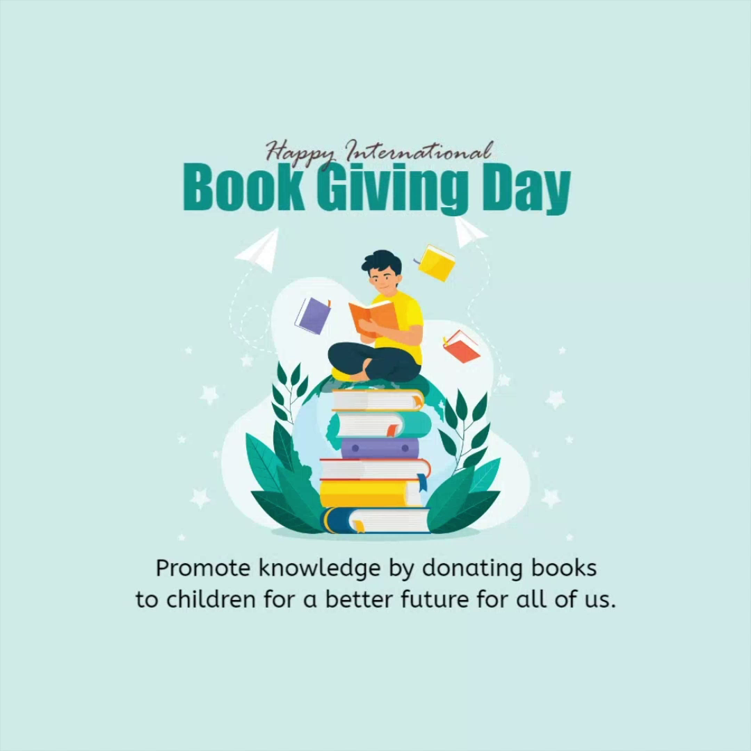 A child sitting on a stack of books on top of the world, promoting International Book Giving Day.