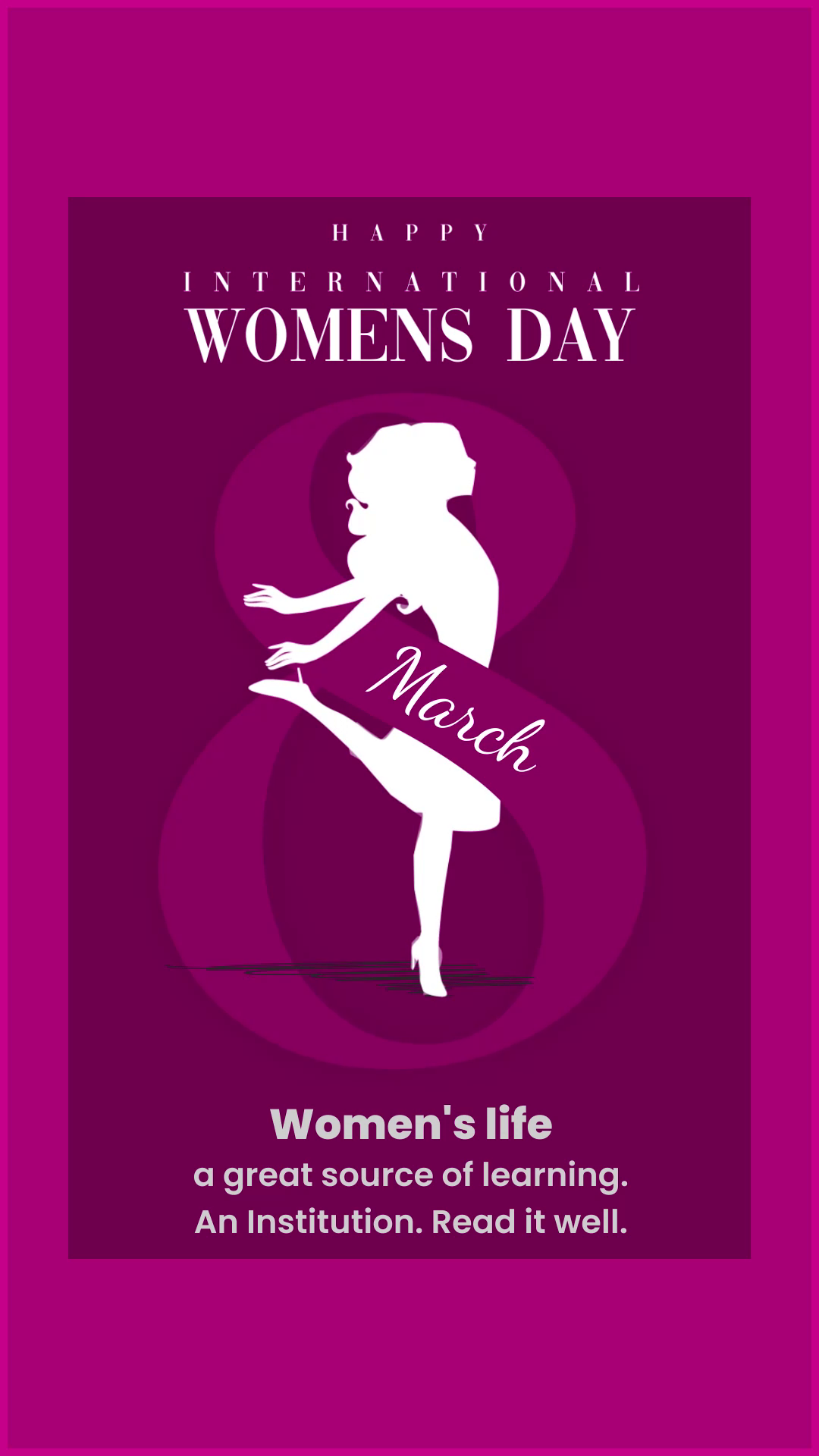 A celebratory graphic for International Women's Day featuring a silhouette of a dancing woman in white against a deep purple background with the number 8 and the word March.