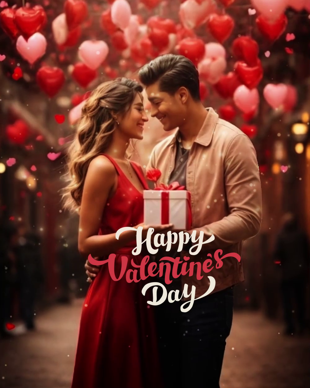 A loving couple celebrating Valentine's Day with a gift against a backdrop of floating hearts