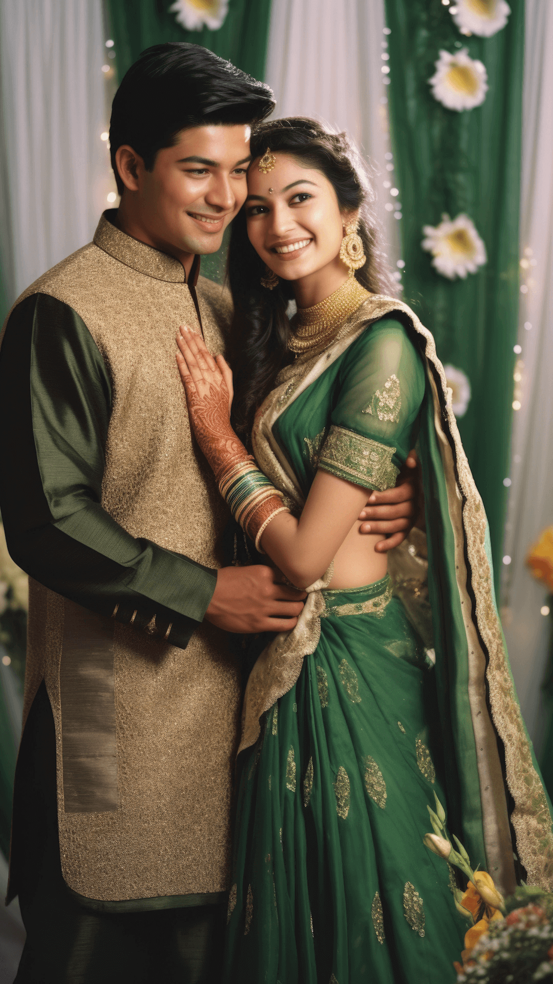 A smiling Indian couple dressed in elegant traditional wedding clothing, standing together at a ceremony.
