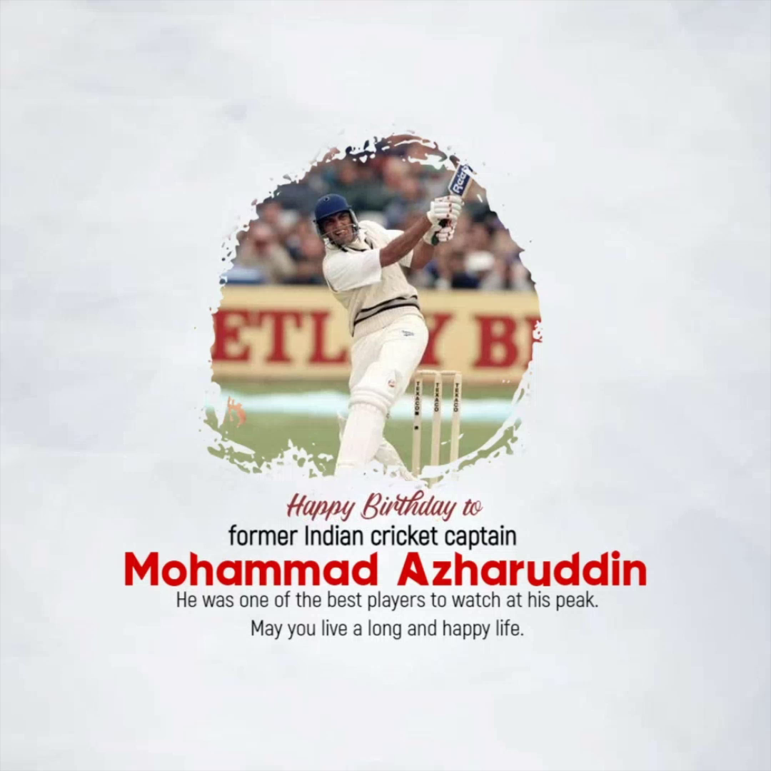 A celebratory graphic wishing a happy birthday to former Indian cricket captain Mohammad Azharuddin.