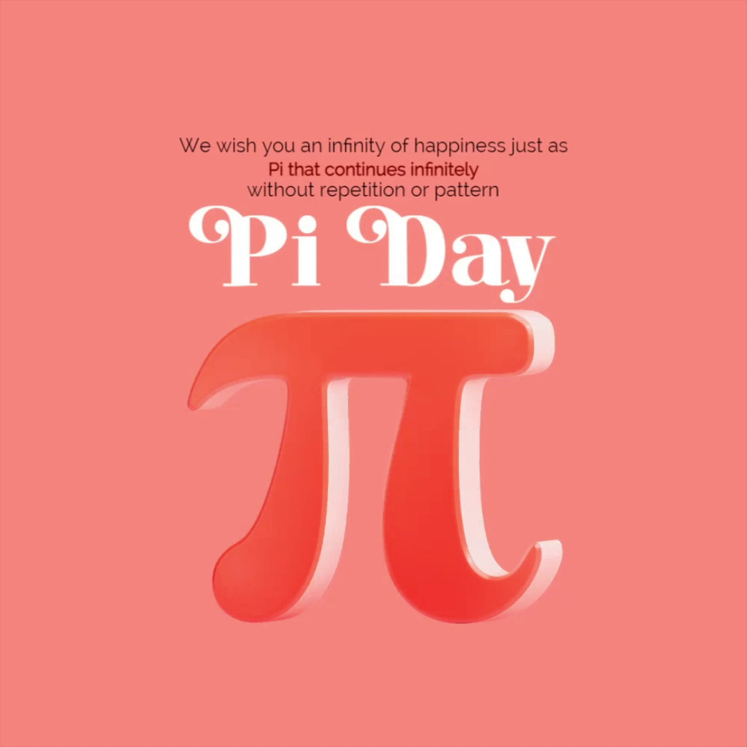 A celebratory Pi Day graphic featuring a 3D red Pi symbol against a soft coral background with celebratory text.