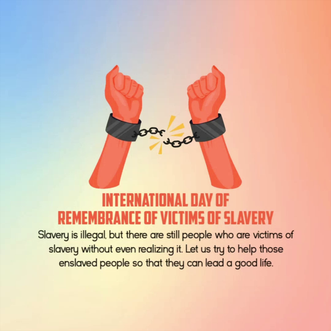 Illustration of broken chains on human wrists symbolizing freedom and the International Day of Remembrance of Victims of Slavery.