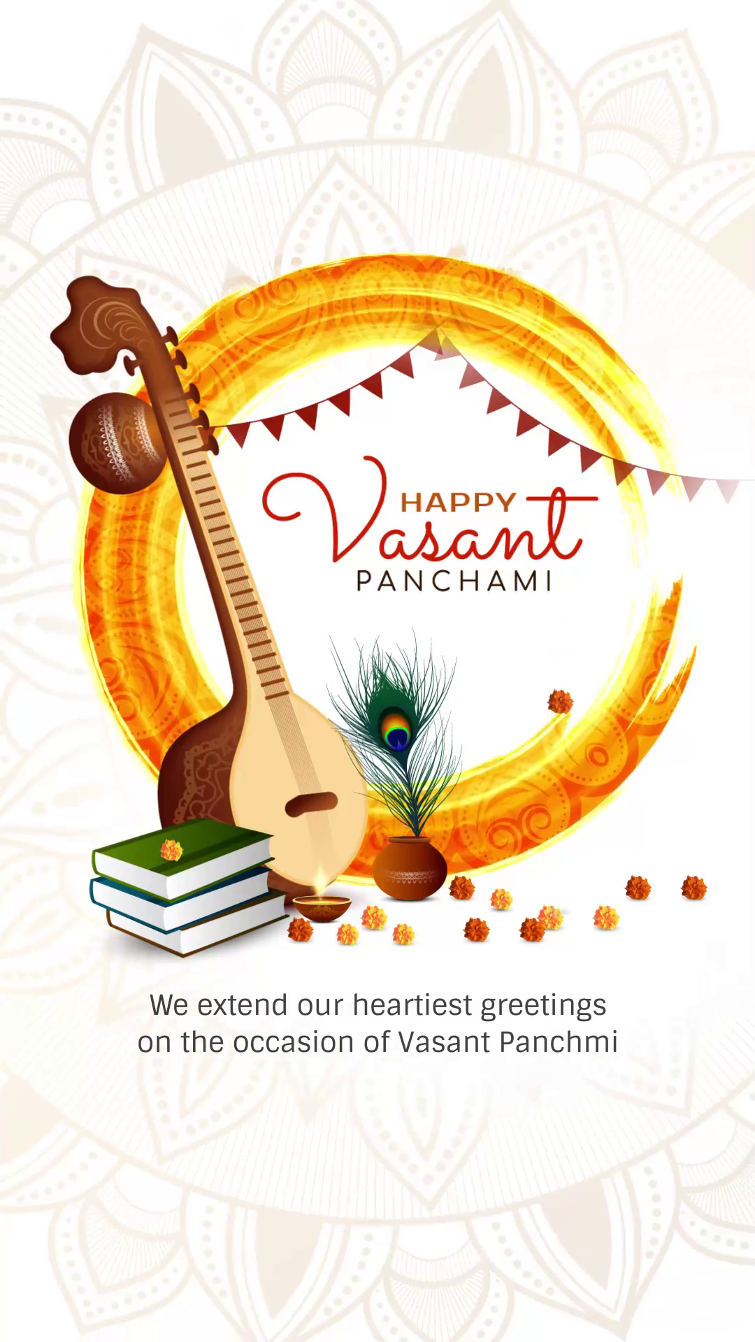A celebratory Vasant Panchami graphic featuring a Veena, peacock feather, stack of books, and marigold flowers.