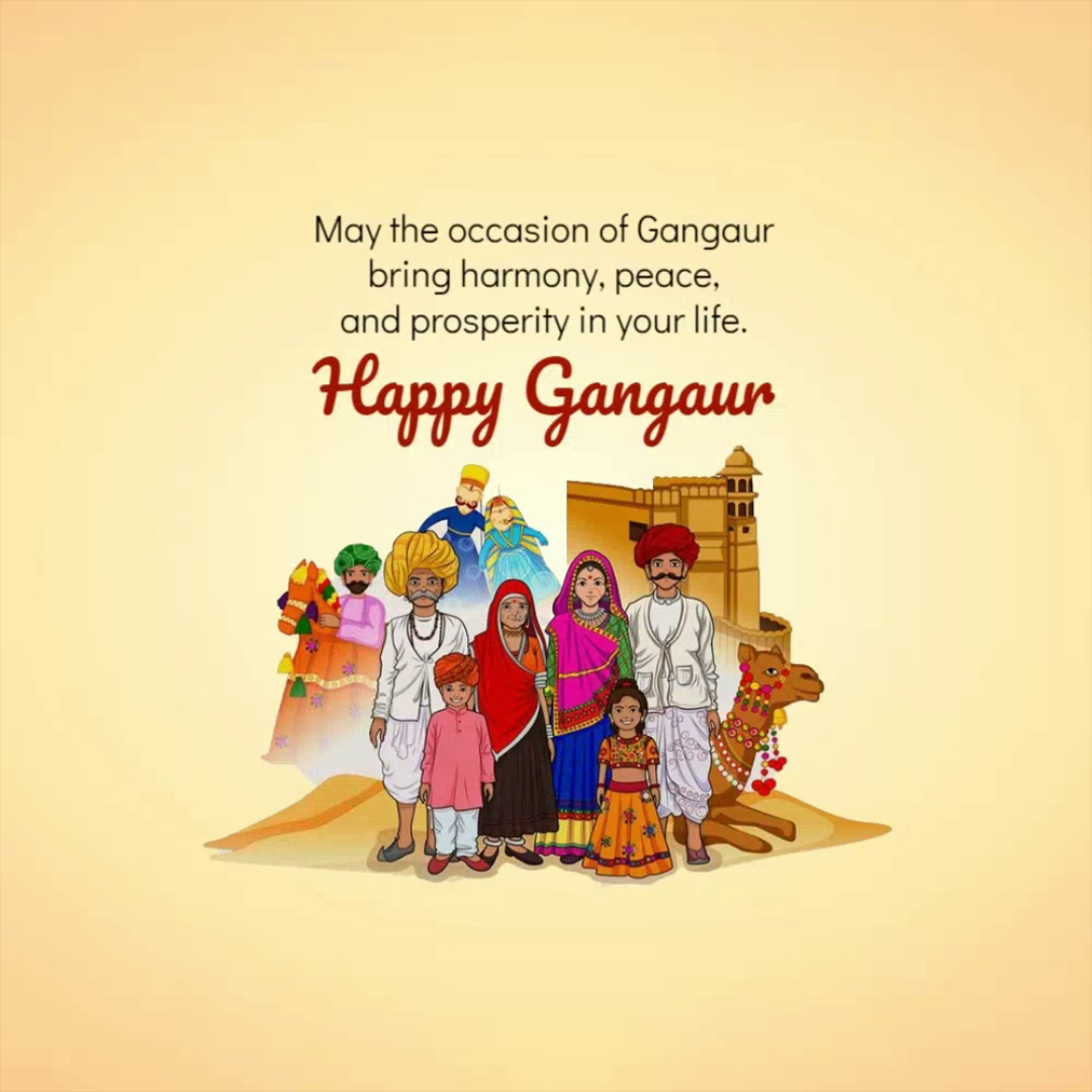 A celebratory Gangaur festival illustration featuring a Rajasthani family in traditional attire, a camel, and a fort silhouette on a warm-toned background.