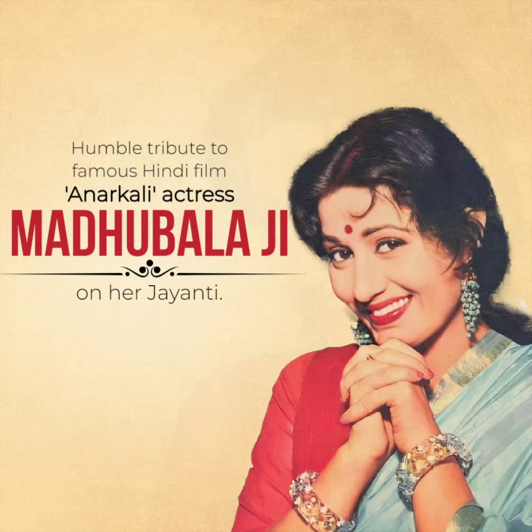 Vintage portrait of legendary Bollywood actress Madhubala with a respectful tribute text overlay
