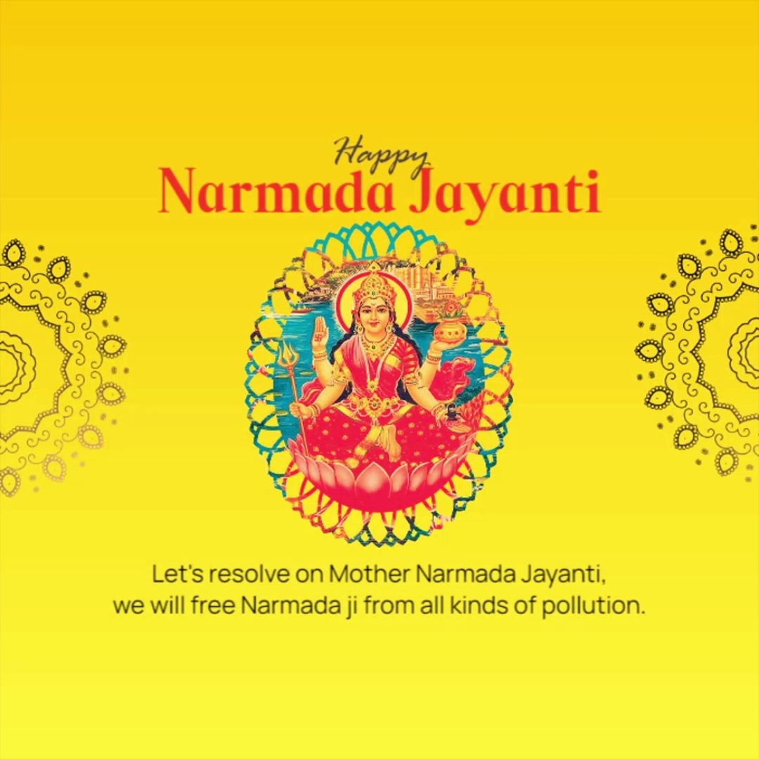 A graphic for Happy Narmada Jayanti featuring Goddess Narmada in the center with a message about pollution awareness.