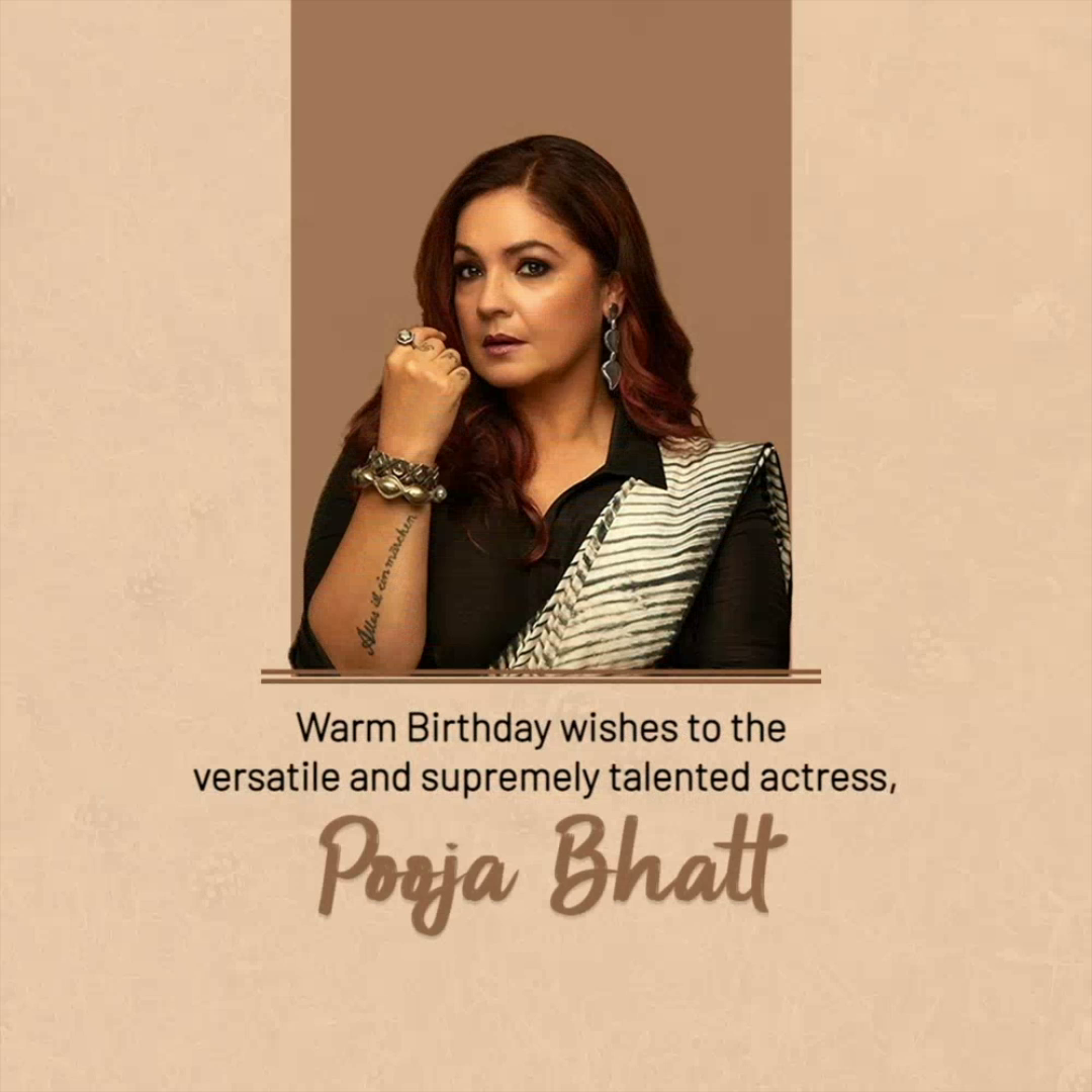 Indian actress Pooja Bhatt posing gracefully with birthday wishes text below
