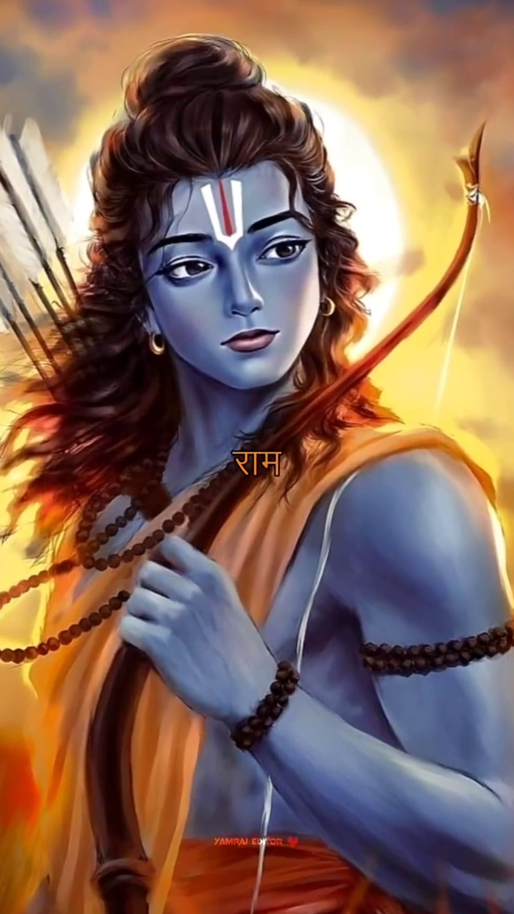 An artistic digital painting of Lord Ram holding a bow with a radiant golden background