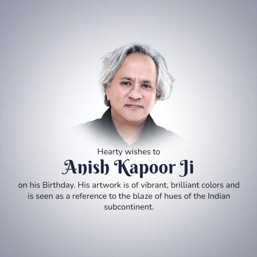 Portrait of artist Anish Kapoor with birthday greeting text on a soft grey gradient background