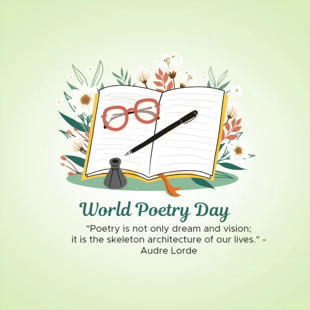 Open book with reading glasses, pen, and inkwell surrounded by flowers for World Poetry Day