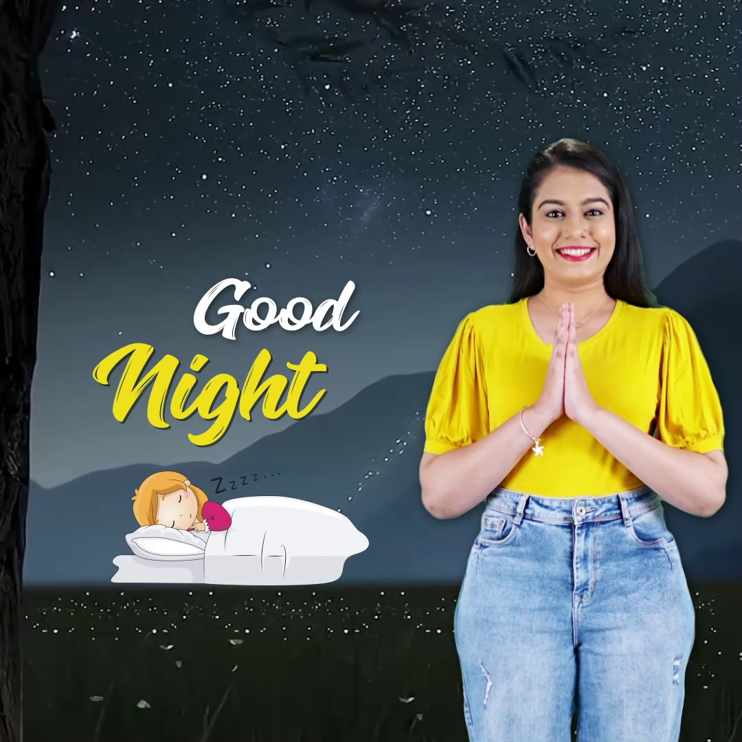 A smiling woman in a yellow shirt giving a traditional greeting against a starry night sky background with a sleeping cartoon character