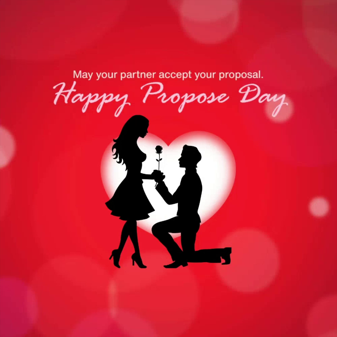 A man on one knee proposing to a woman with a rose against a red heart background
