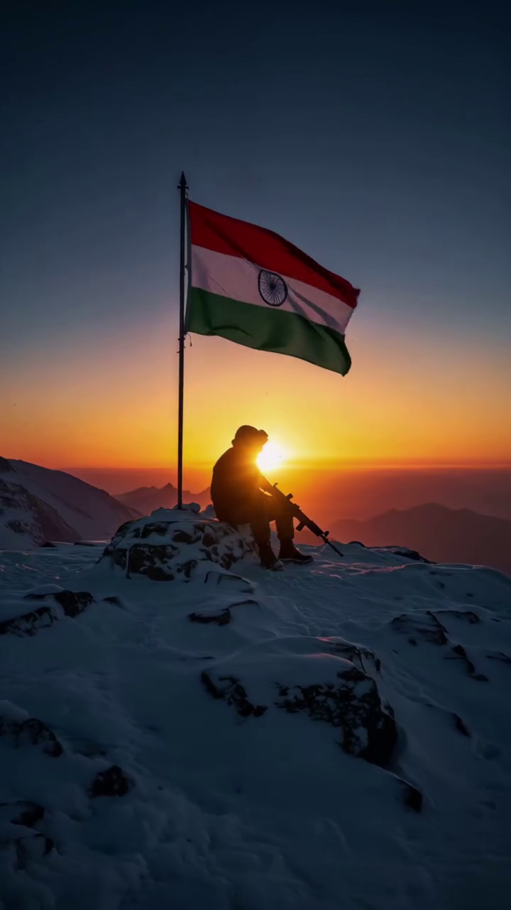 A silhouette of an Indian soldier holding a rifle while the Indian national flag waves on a snowy mountain peak at sunset.