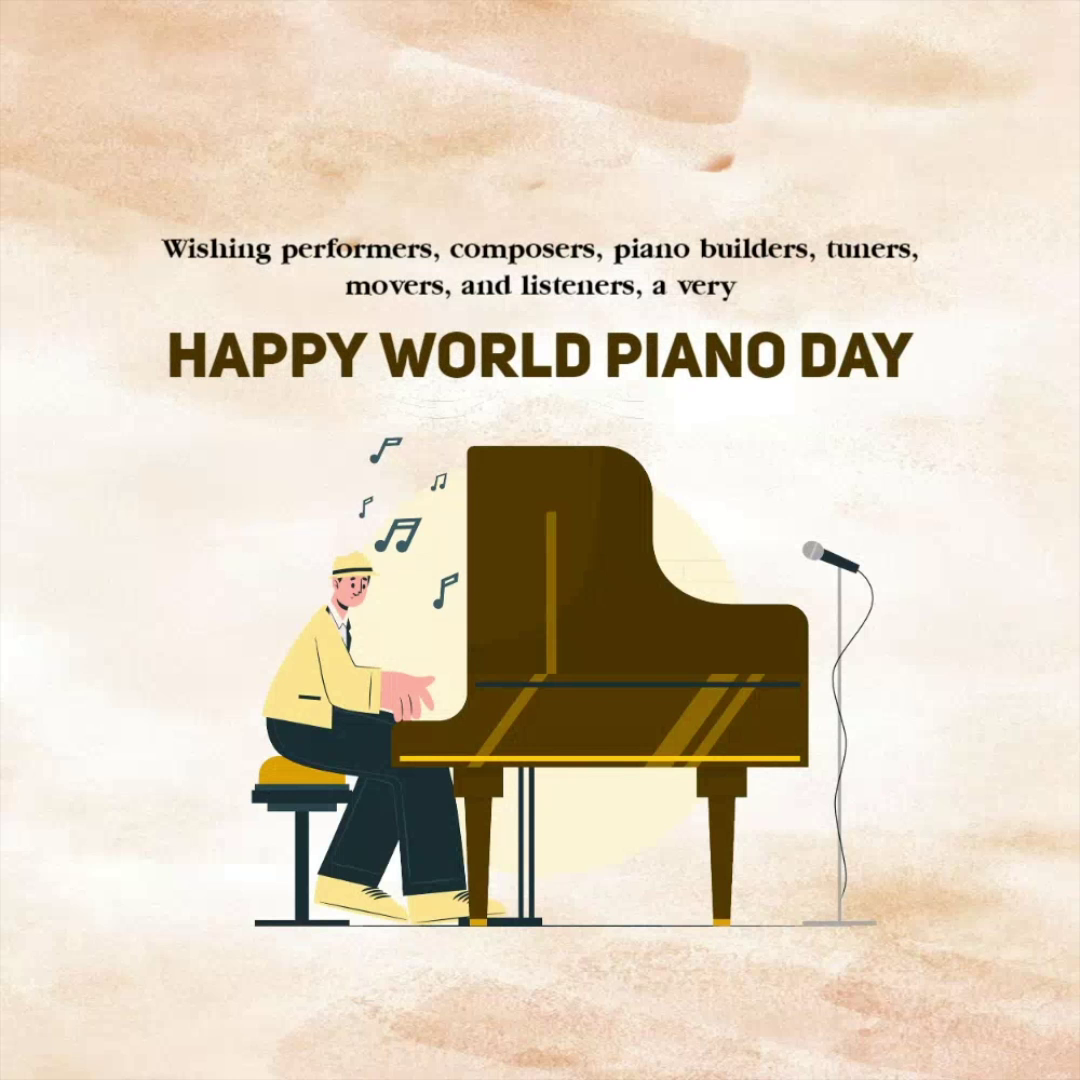 A cartoon illustration of a pianist playing a grand piano with a microphone nearby to celebrate World Piano Day.