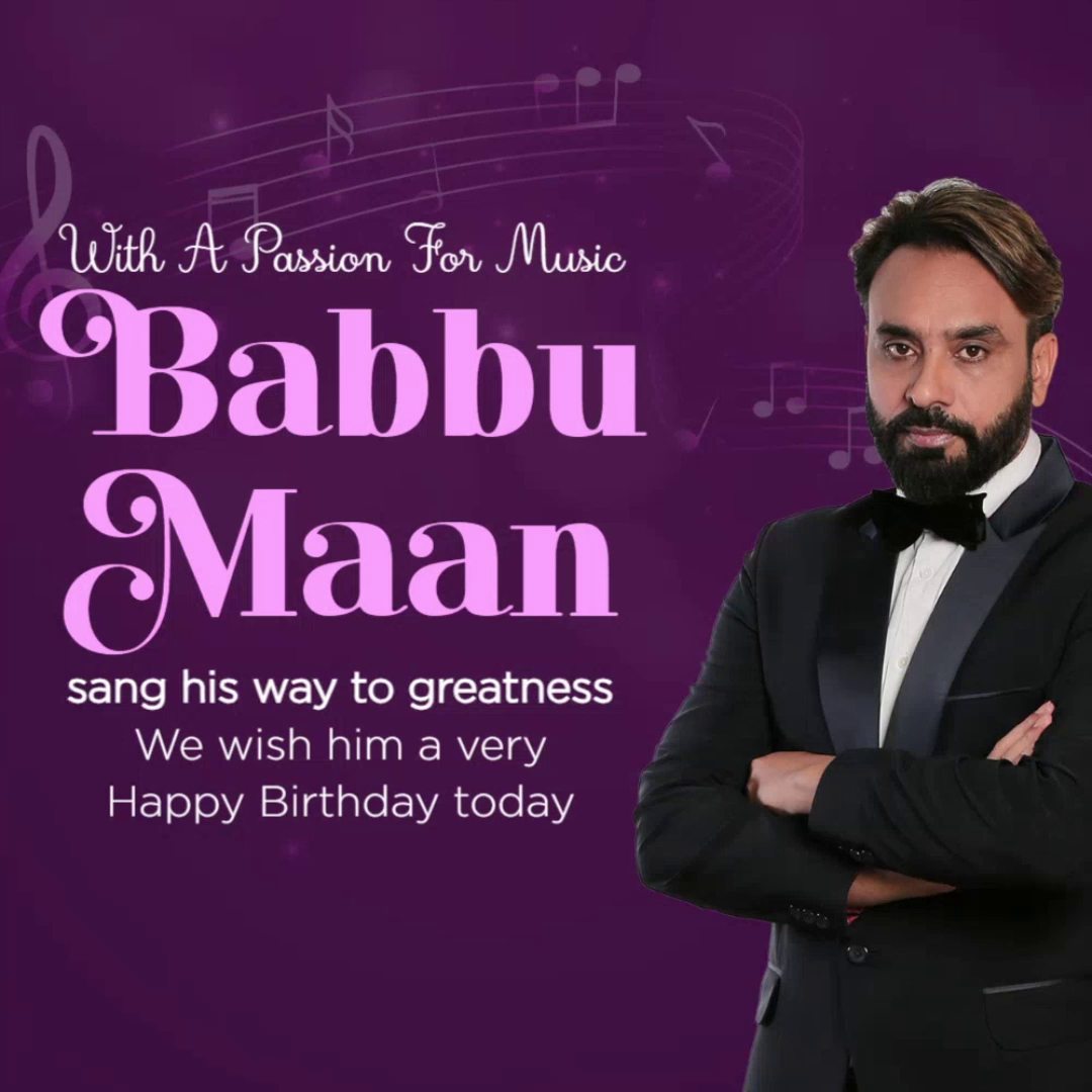 Babbu Maan wearing a tuxedo celebrating his birthday with musical notes background