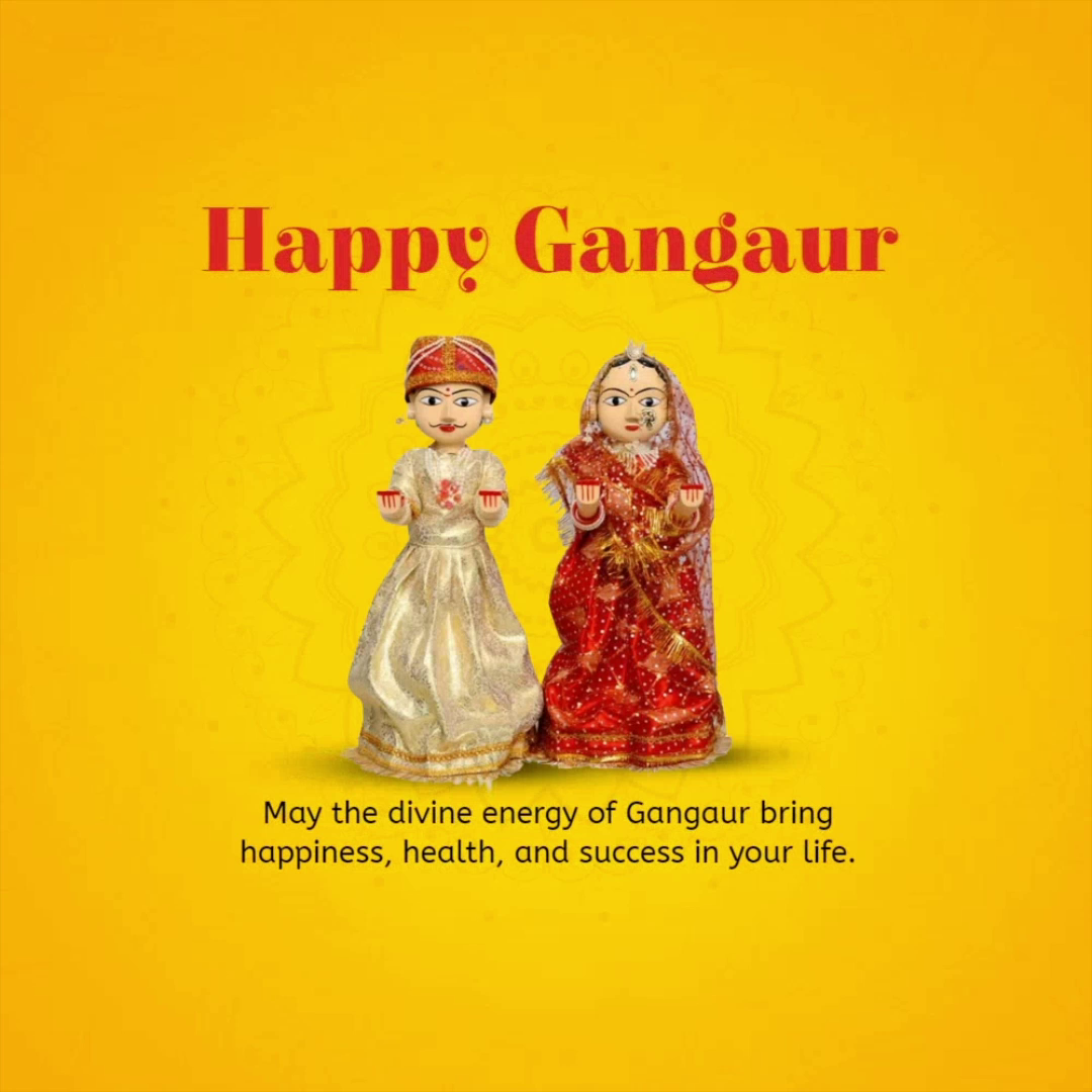 Gangaur festival greeting image with traditional dolls on a yellow background
