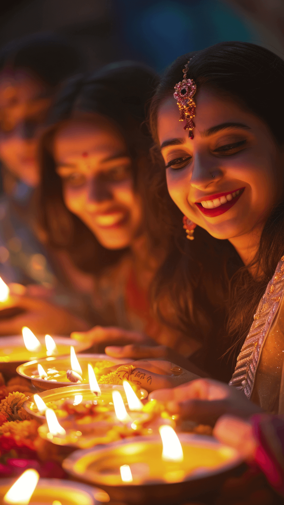 Indian women smiling while holding traditional diyas during Diwali festival