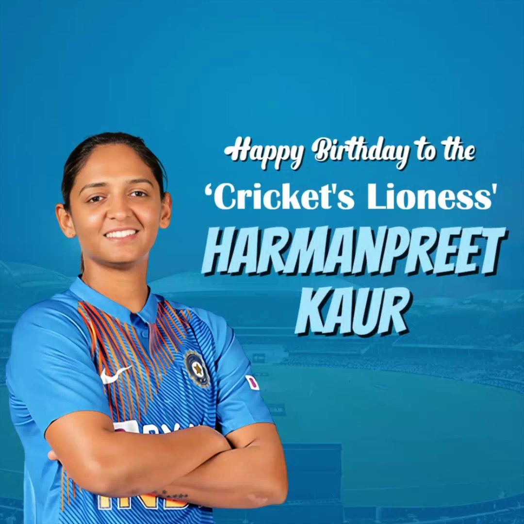 Indian female cricketer Harmanpreet Kaur smiling in a blue jersey with a birthday greeting text overlay