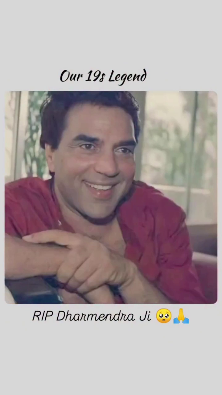 A tribute graphic featuring a vintage image of Bollywood actor Dharmendra with text commemorating him.