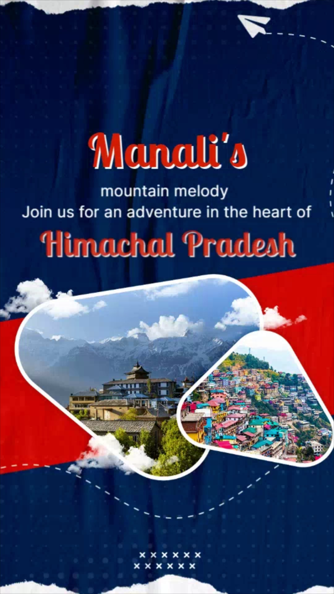 Promotional poster for Manali featuring snowy mountains and a colorful hillside village