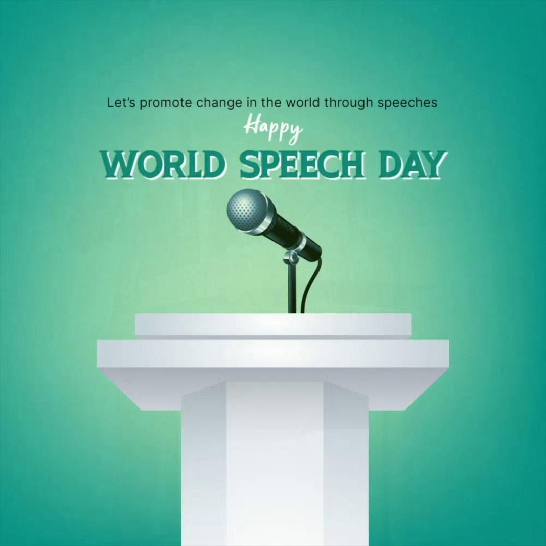A podium with a microphone against a teal background for World Speech Day