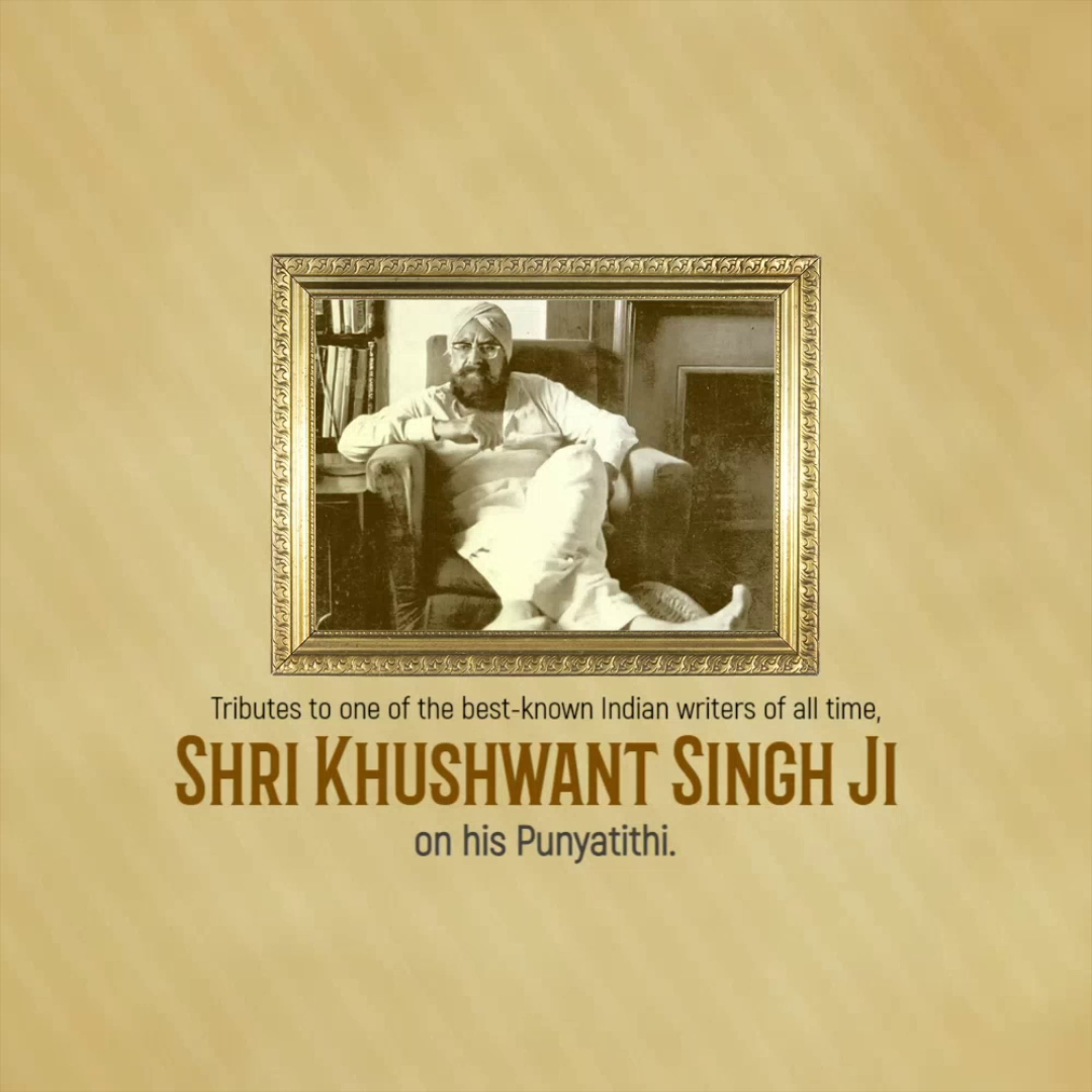 Framed photograph of the Indian author Khushwant Singh with a tribute message on a gold-toned background.