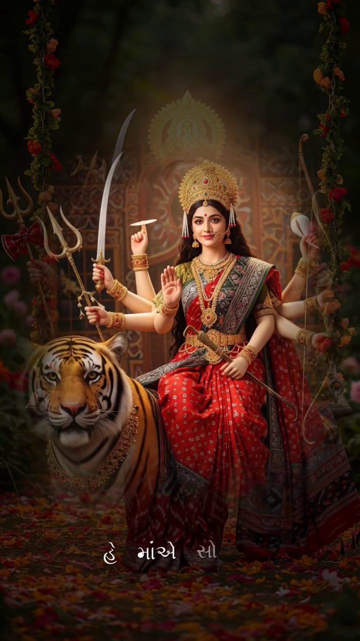 Goddess Durga sitting on a tiger, holding a sword and trident, dressed in a traditional red saree during Navratri festival.