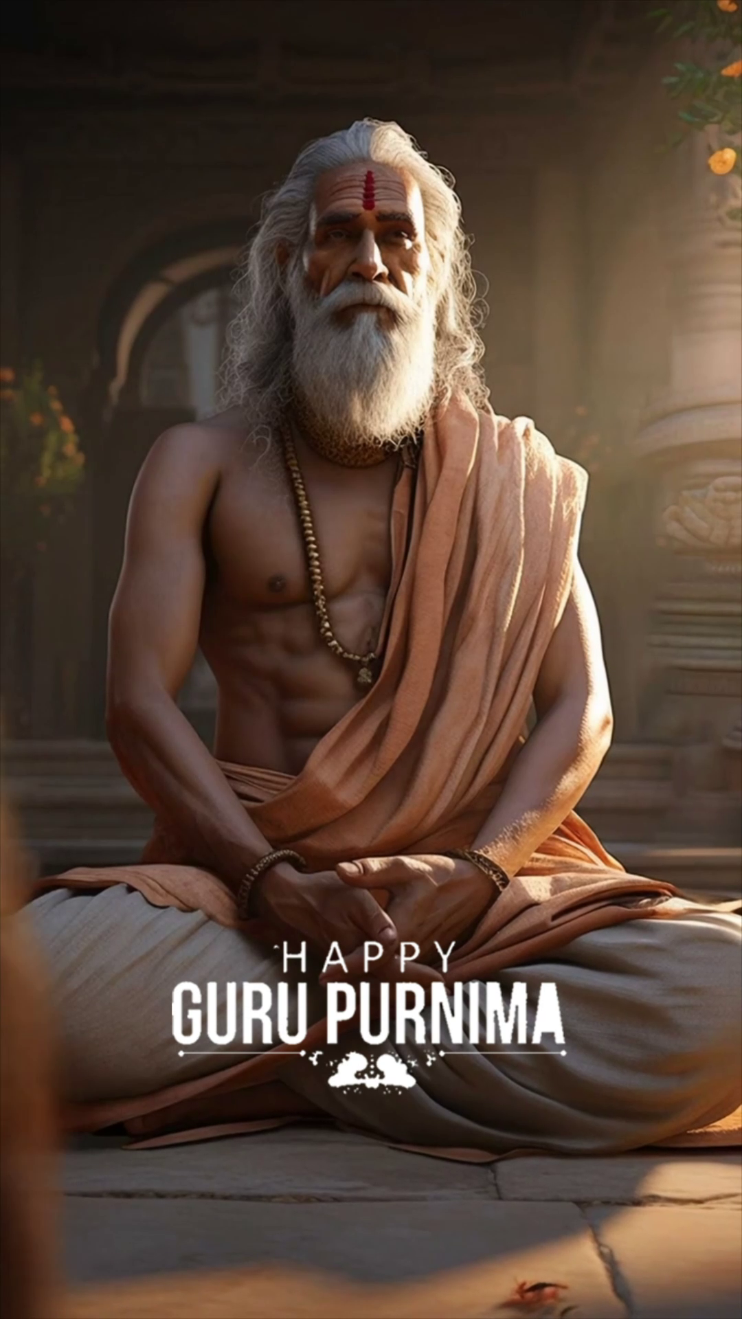 A serene elderly Indian sage sitting in meditation for Guru Purnima