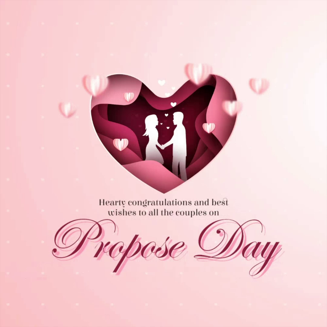 A paper-cut style illustration of a couple standing inside a heart shape with floating hearts and the text Propose Day on a light pink background