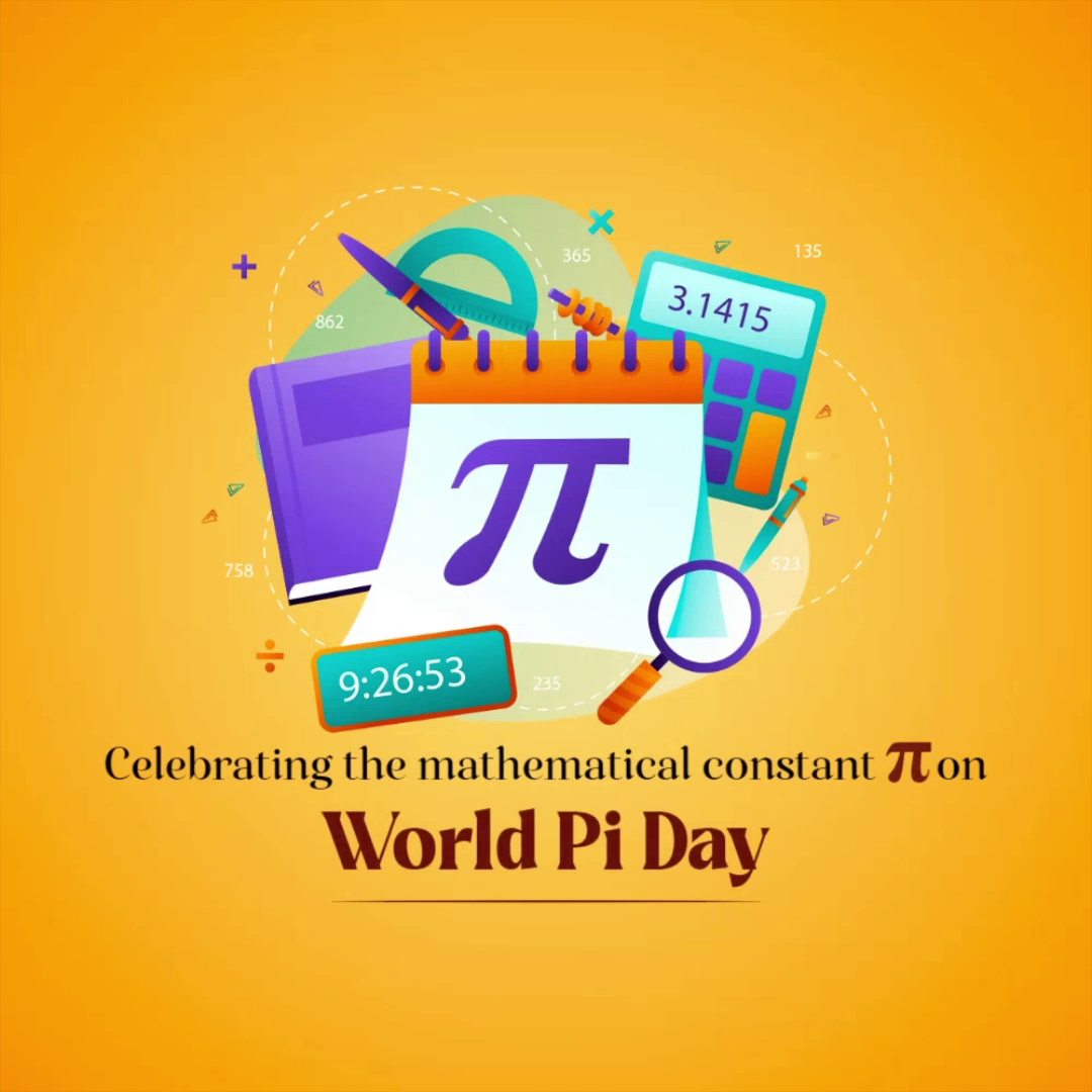 A creative illustration celebrating World Pi Day with educational tools like a calculator, magnifying glass, notepad, and the pi symbol on a yellow background.