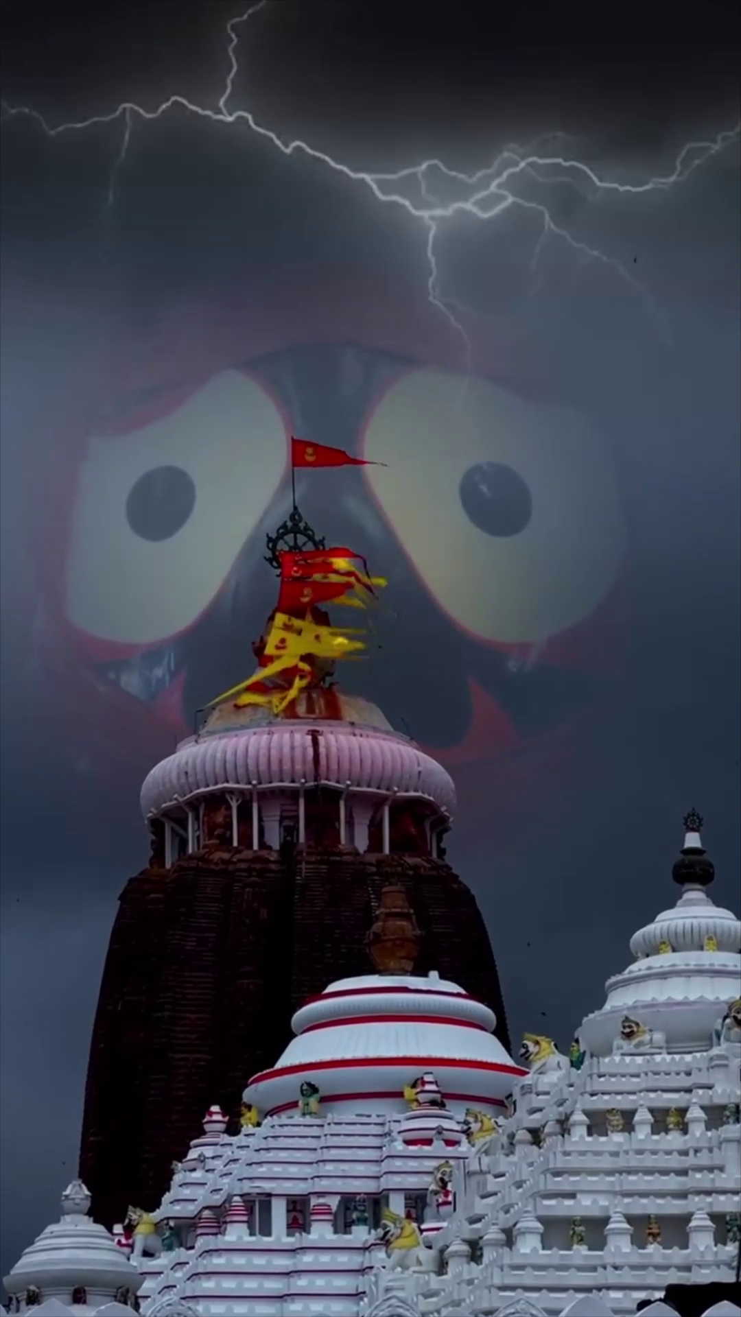 Lord Jagannath temple tower with a mystical divine face appearing in the storm clouds above