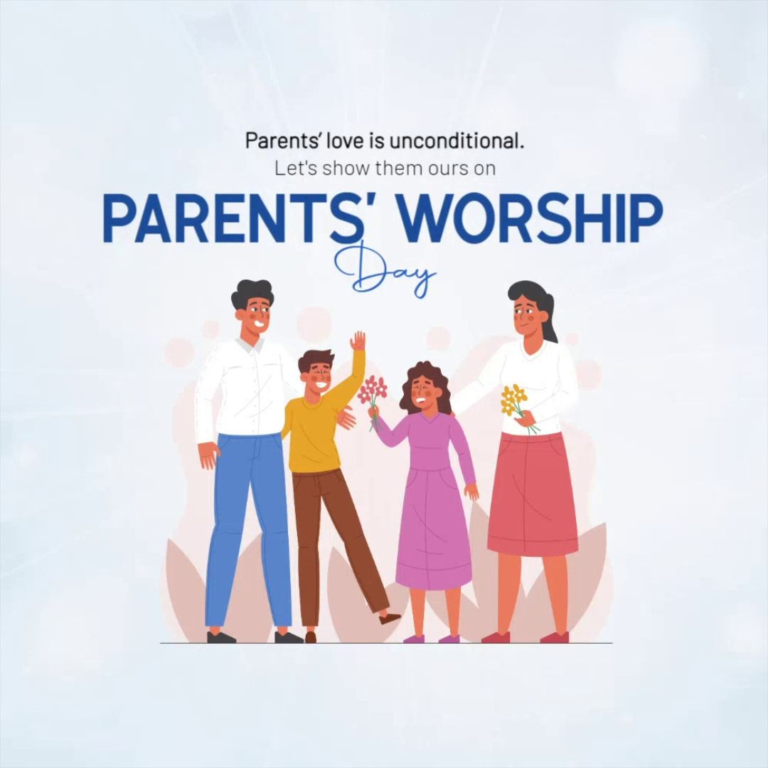 A family illustration celebrating Parents' Worship Day with parents and two children holding flowers