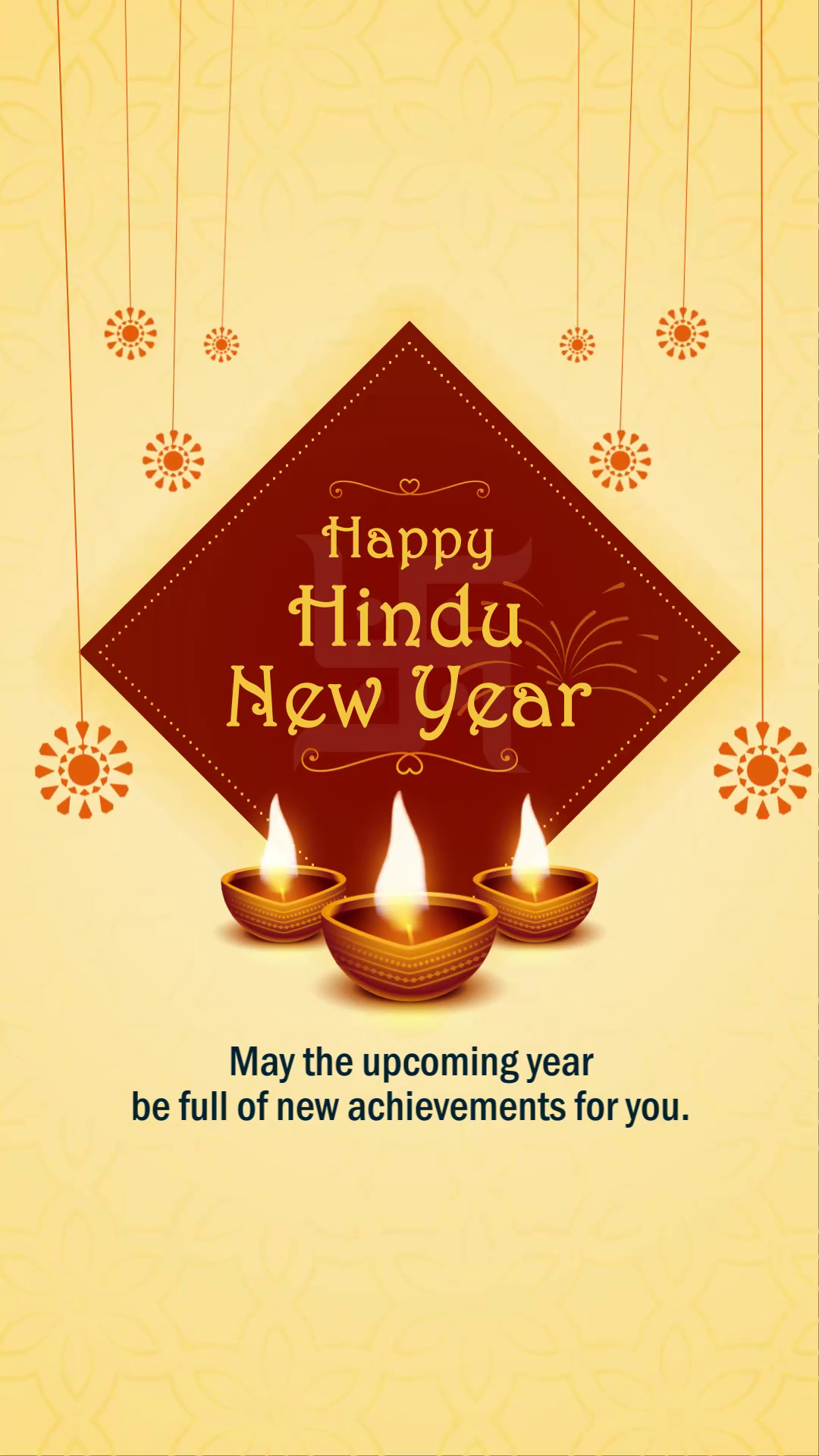 A celebratory graphic for Hindu New Year featuring decorative diyas and a warm festive background