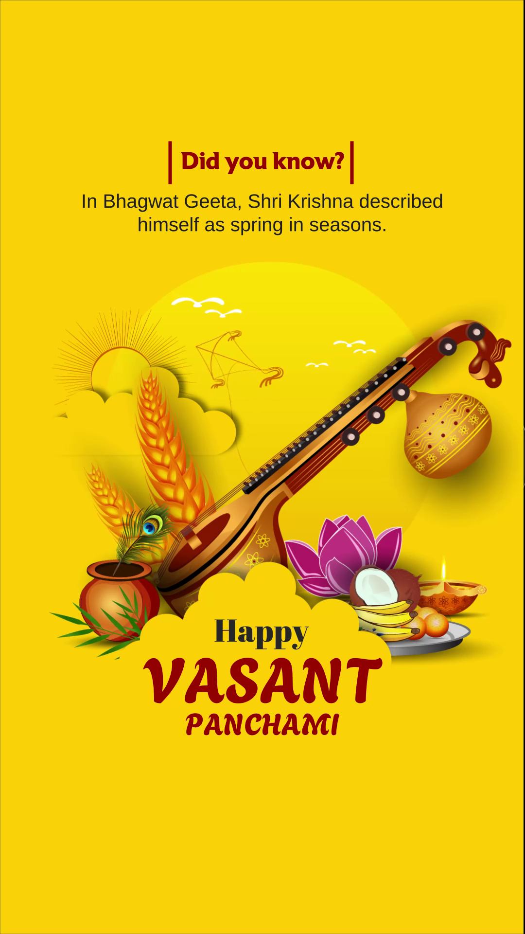 A celebratory Vasant Panchami poster featuring a veena, lotus, wheat stalks, and a traditional pot against a bright yellow background with a spiritual quote.