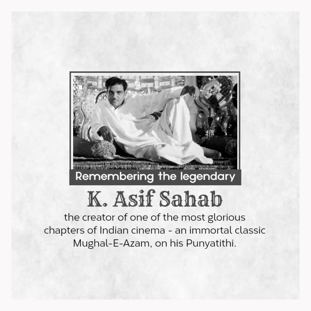 A black and white portrait tribute to filmmaker K. Asif on his memorial anniversary with text overlay