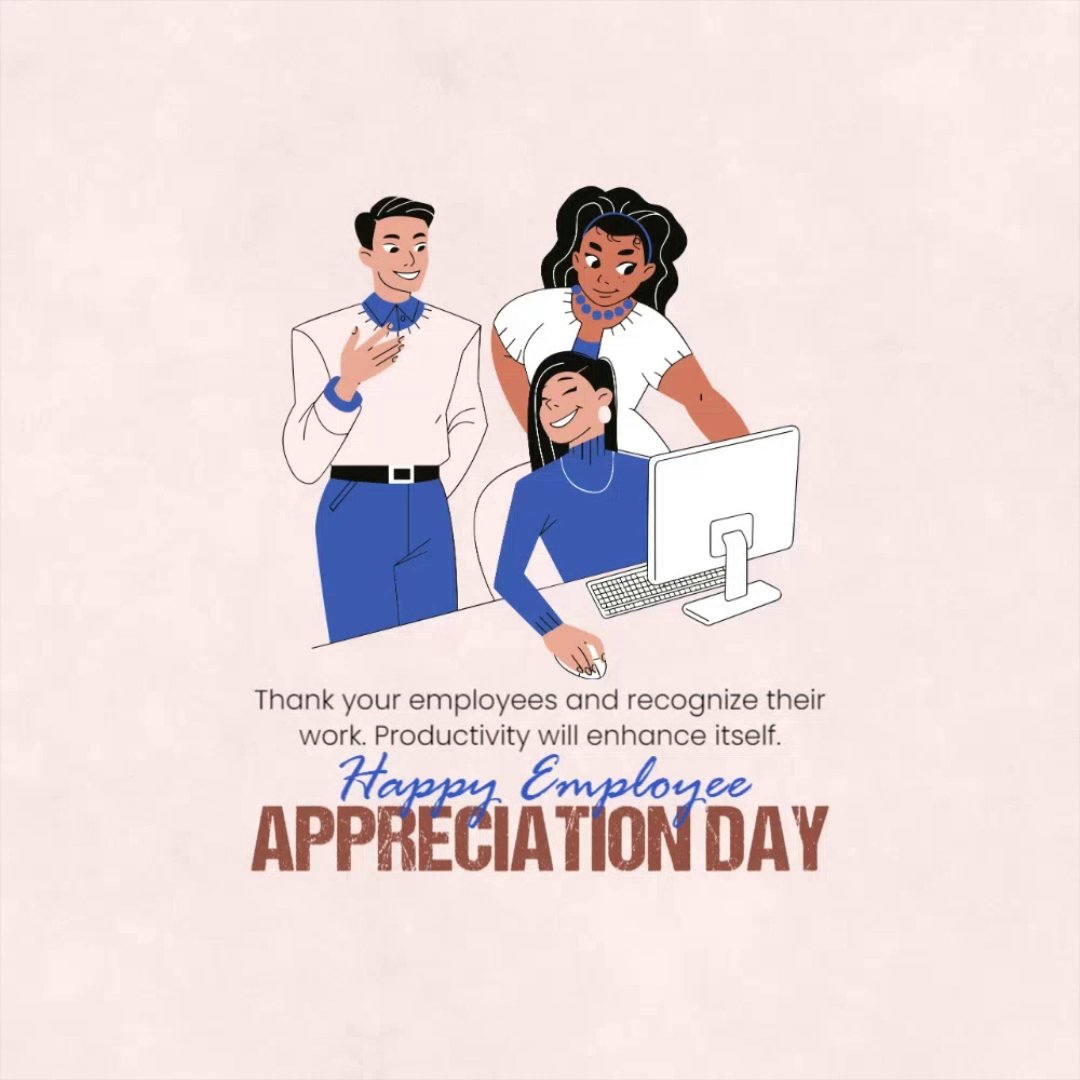 A cartoon illustration of diverse office colleagues collaborating at a computer desk to celebrate Employee Appreciation Day.
