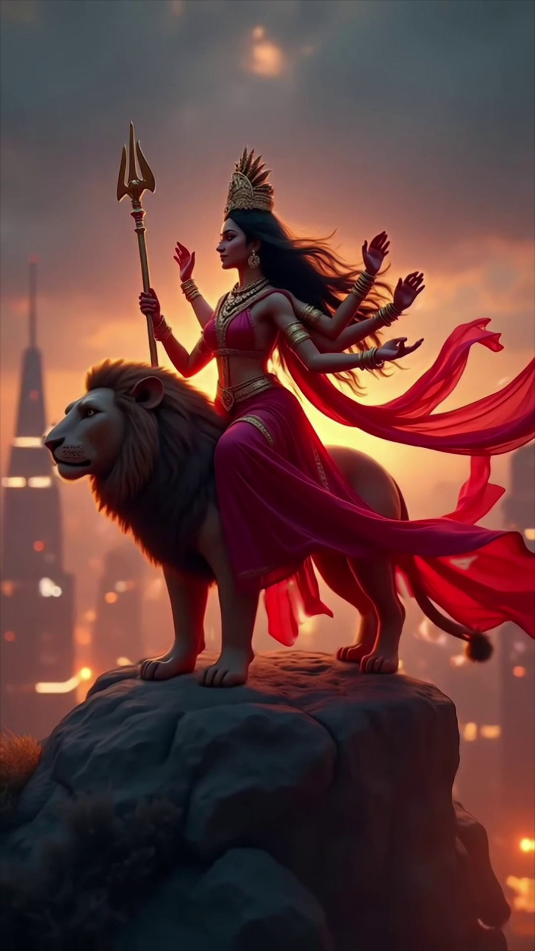 Goddess Durga with multiple arms holding a trident riding a lion against a sunset city skyline