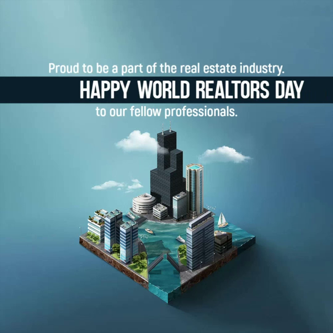 A creative illustration featuring a 3D isometric city landscape on a floating island celebrating World Realtors Day.