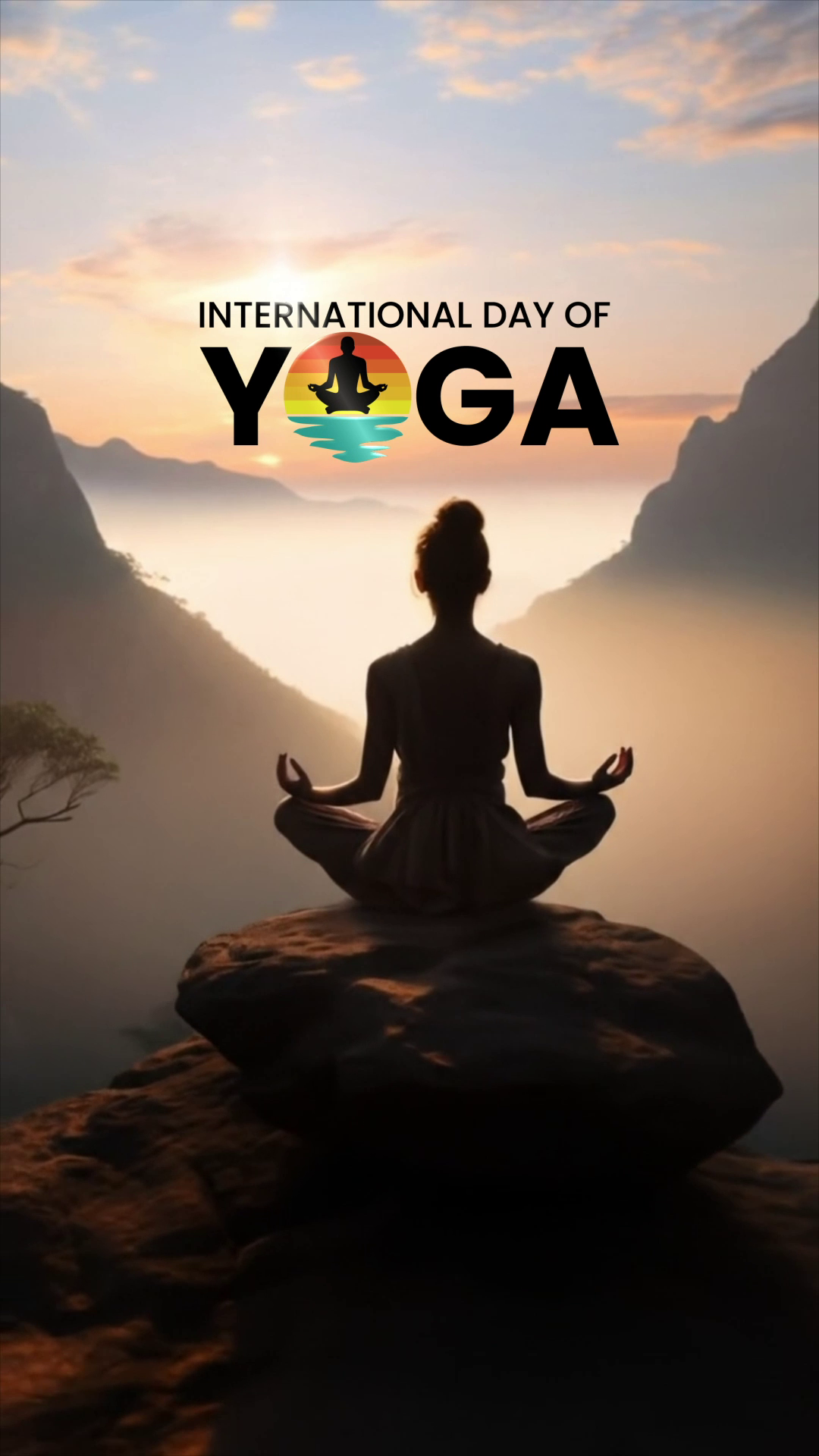 A silhouette of a person meditating on a rock at sunset with the text International Day of Yoga above.